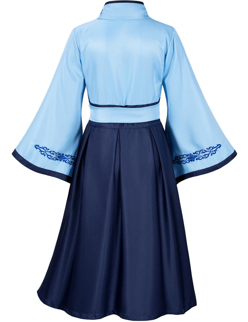 Elibelle Asian Traditional Dress Kimono Robe for Kids Girls Costume Silk Folding Fans hairstick Cosplay(Blue Navy 150cm - Image 3